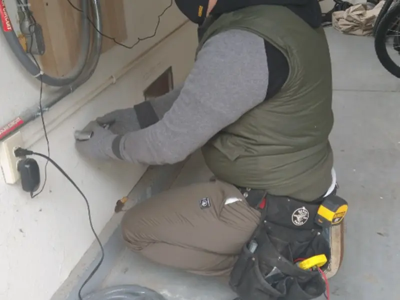 Electrician performing outlet wiring in a Benton Park garage